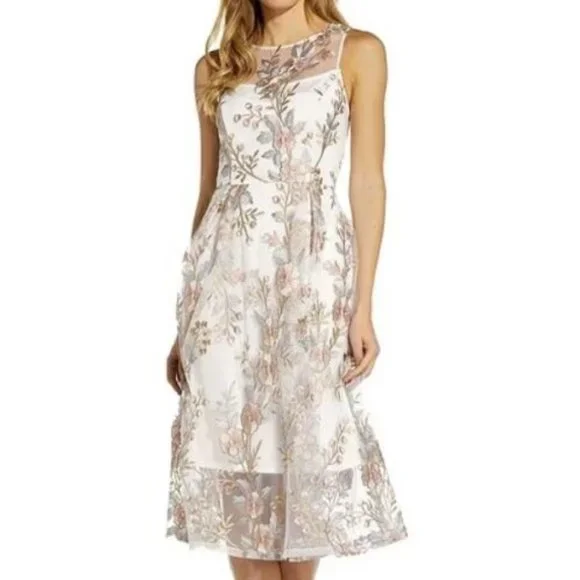 green emerald velvet dress Floral Embroidered Illusion Midi Dress In Midnight Multi main image 0